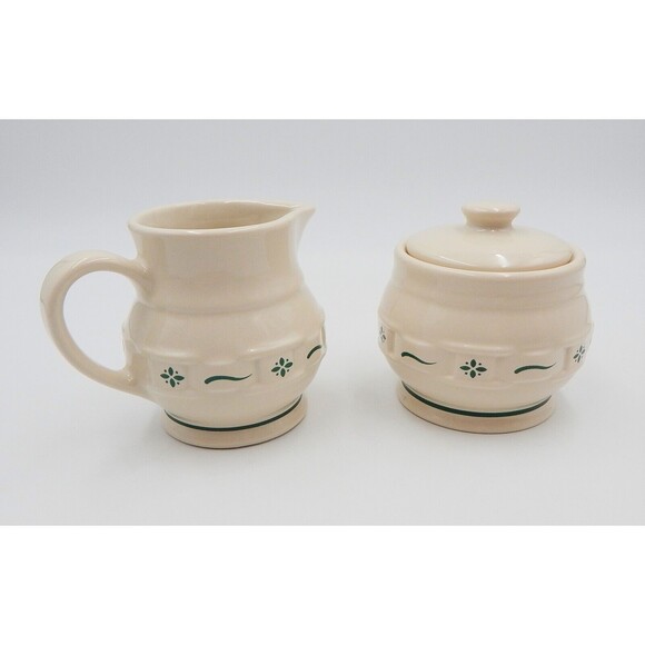 Longaberger Pottery Woven Traditions Heritage Green Sugar & Creamer Set - Picture 2 of 8